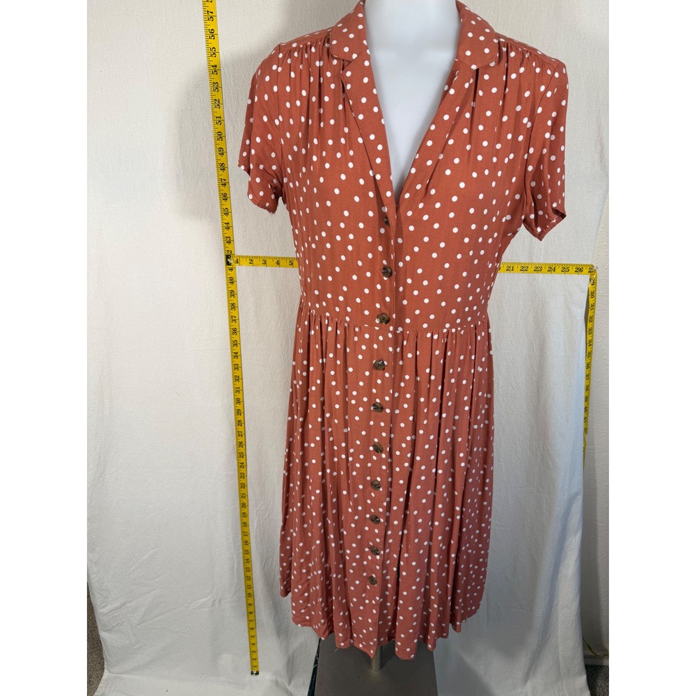 Feminine Twee Terracotta Polka Dot Shirt Dress Medium Button Front Rayon Midi